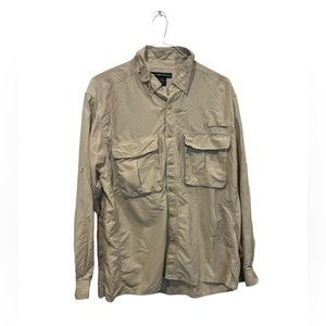ExOfficio Vented Snap Up Shirt Mens XL Short Sleeve Nylon‎ Polyester Beige EUC